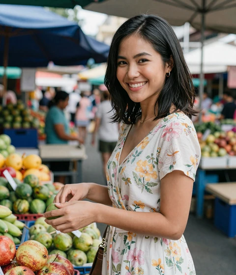 Malee, a 30-year-old Thai woman at an outdoor market representing ShantiDate Southeast Asia members