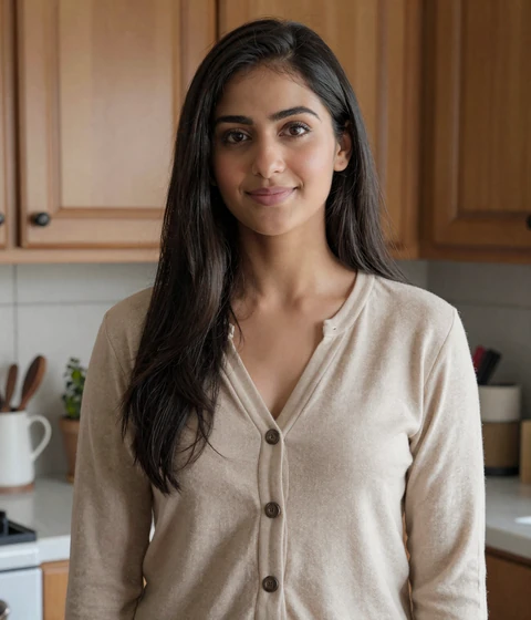 Zara, a 28-year-old Pakistani woman in a home kitchen representing ShantiDate South Asia members