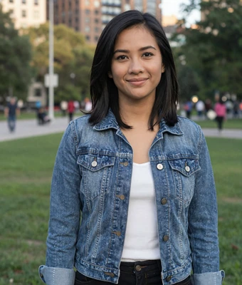 Mila, a 31-year-old Filipino woman in a denim jacket in a city park, a verified ShantiDate member