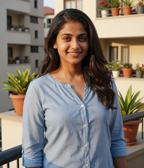 Ananya, a 26-year-old marriage-minded Indian woman on an apartment balcony, a verified ShantiDate member