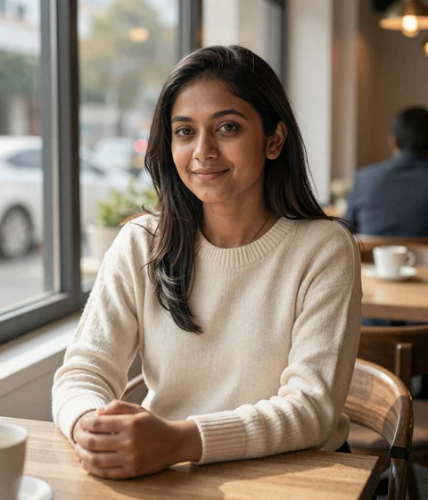 Priya, a 27-year-old marriage-minded South Asian woman in a cream sweater at a cafe on ShantiDate