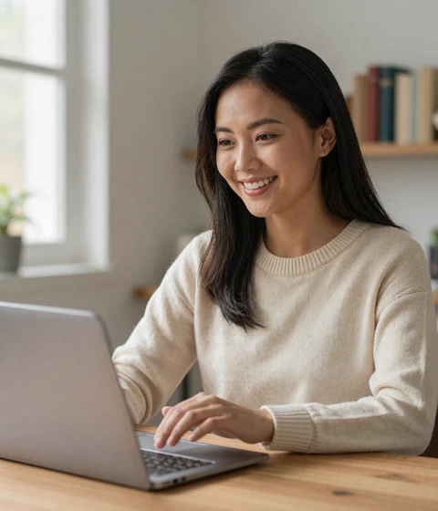 Dewi, a 29-year-old Indonesian woman in a cream sweater on a subtitled video call using ShantiDate features
