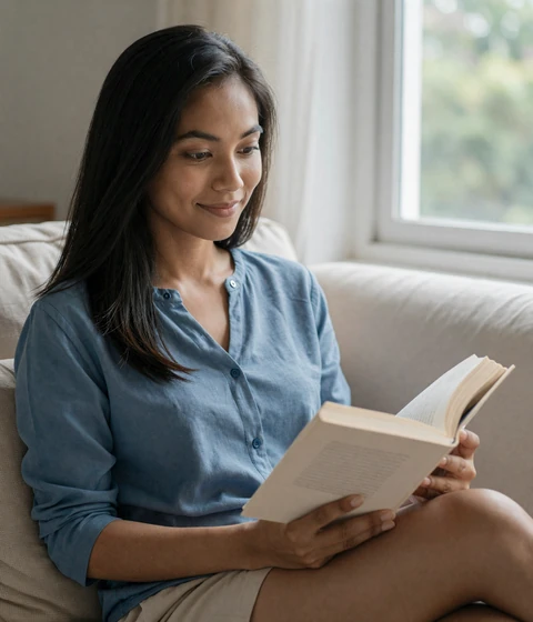 Aisha, a 32-year-old marriage-minded Malaysian woman reading on a sofa by a window, a verified ShantiDate member