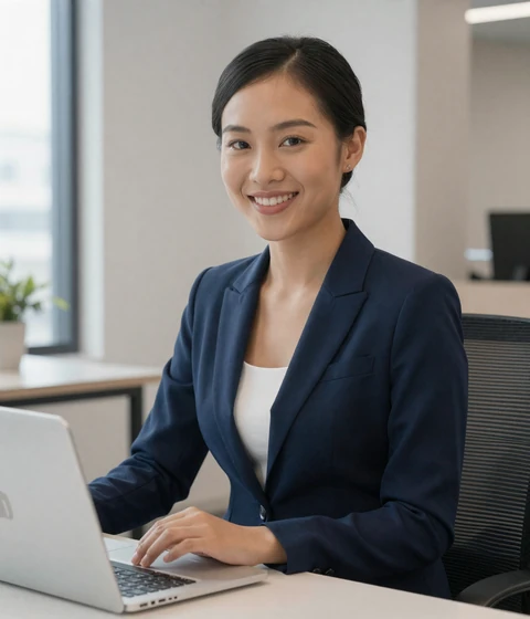 Linh, a 33-year-old professional Vietnamese woman at an office desk, an educated verified ShantiDate member