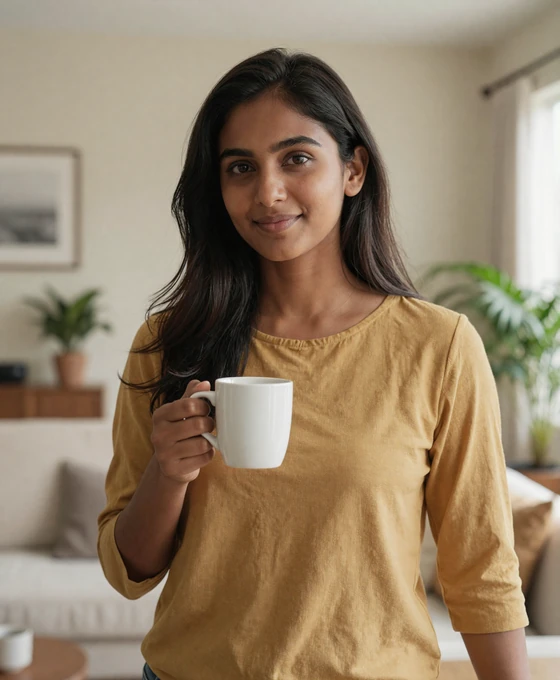 Amara, a 27-year-old marriage-minded Sri Lankan woman with coffee in a bright living room, a verified ShantiDate member
